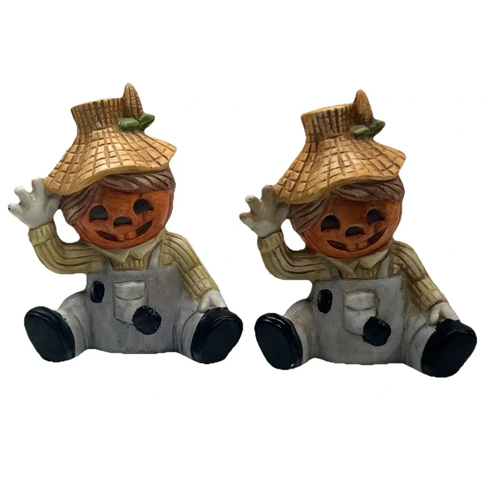Vintage Lot Of 2 Pumpkin Head Scarecrow Candle Holder Figurine Halloween Decor